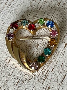 Vintage Catamore 1/20 12k Gold Filled Heart Pin Brooch with Rhinestones